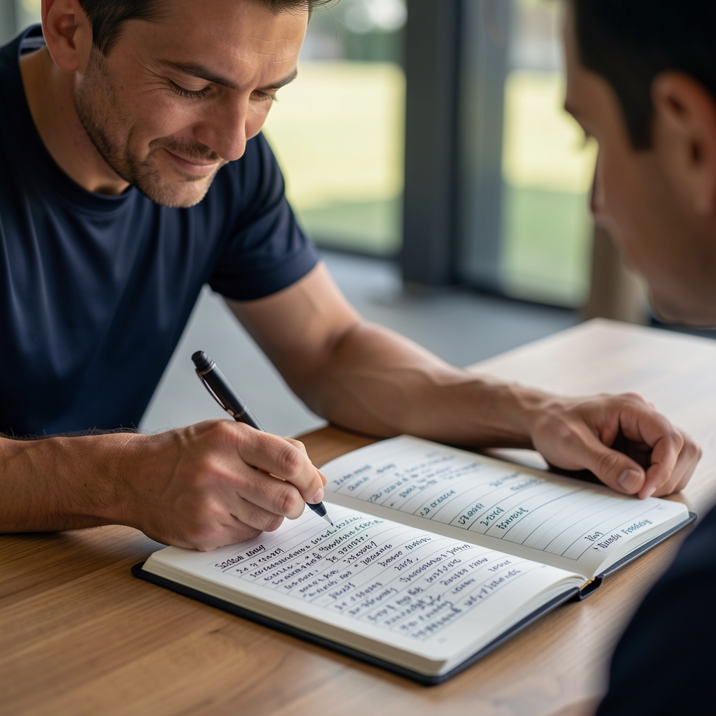 Coach writing detailed notes in a structured training journal at a studio desk, close-up showing handwritten session records with dates and load progressions in organised columns