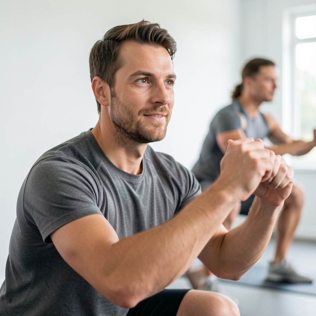 Personal trainer conducting a one-to-one movement screening session in a bright Brussels training studio, athlete performing a squat assessment against a clean white wall
