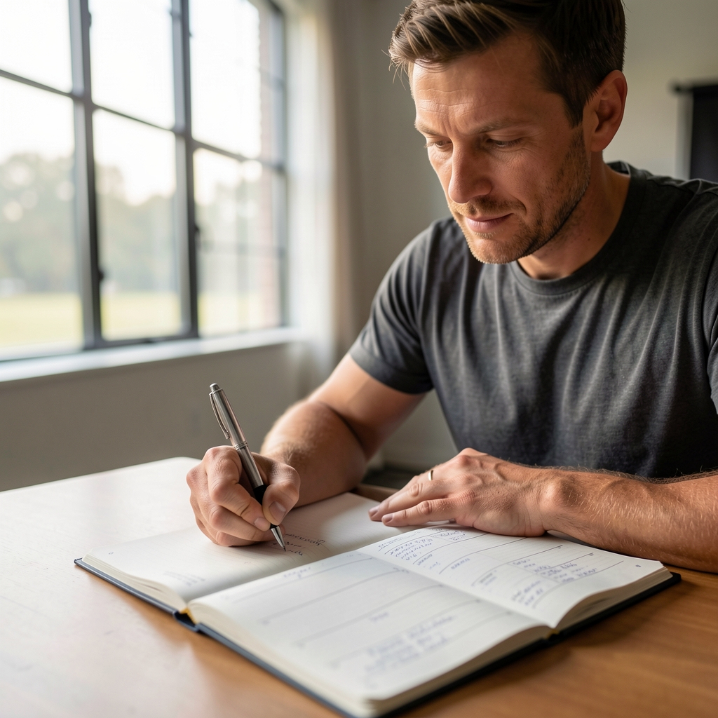 Coach writing session notes in a training log book at a studio desk, pen in hand, open schedule visible, early morning light through large studio windows