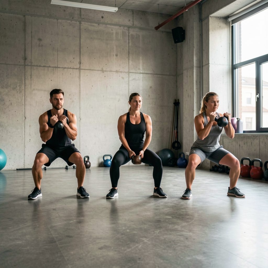 Small group of three athletes performing kettlebell exercises in synchronised motion inside a spacious Brussels fitness studio with exposed concrete walls
