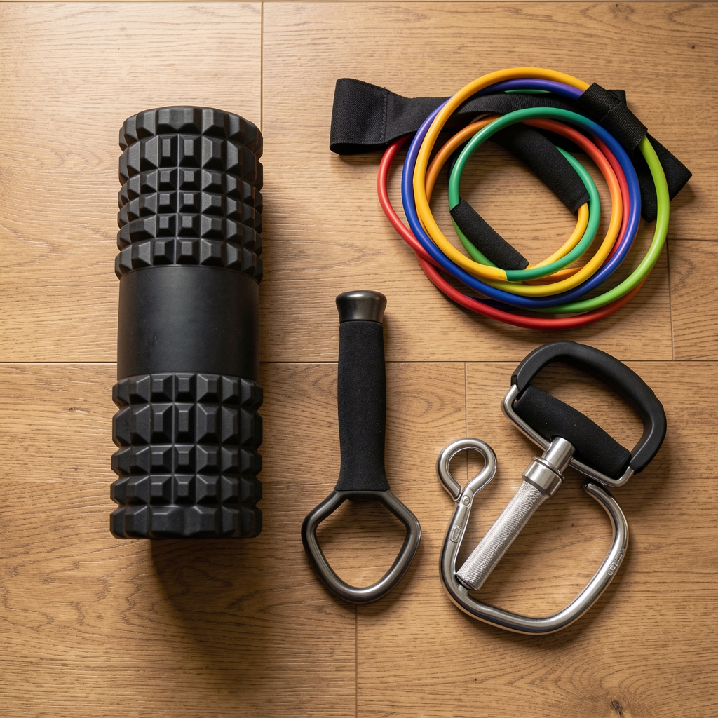 Overhead view of a foam roller, resistance bands, and mobility tools laid out neatly on a wooden floor for an active recovery session