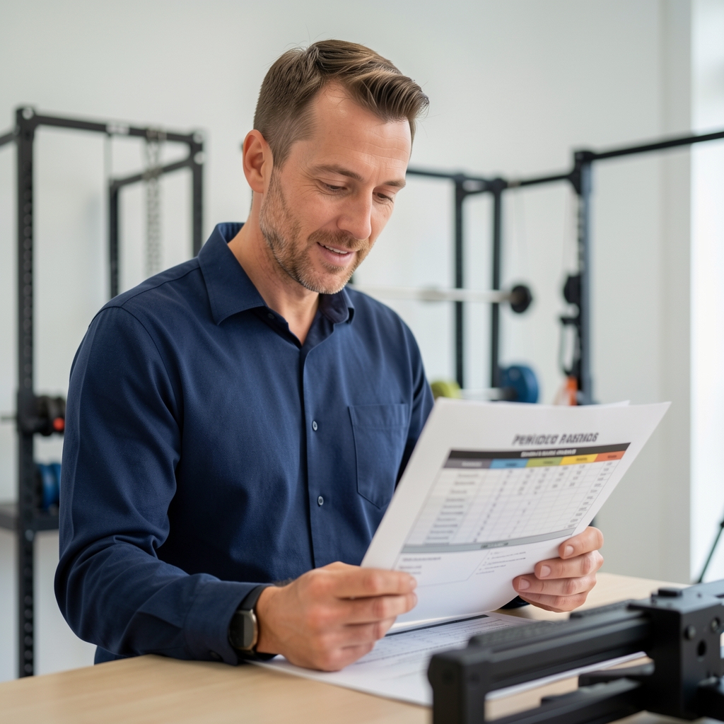 Coach reviewing a printed periodised programme document at a standing desk, Brussels studio interior visible in background with clean white walls and equipment racks