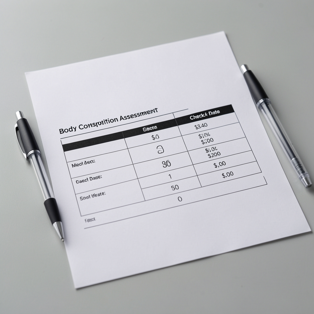 Close-up of a body composition assessment form with measurement data recorded across three check-in dates, pen resting beside the document on a light grey surface