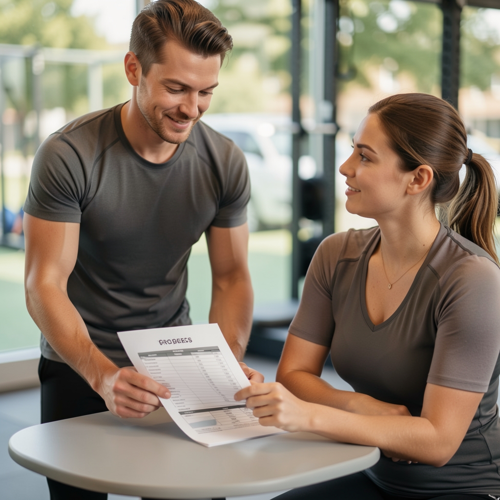 Two people in a Brussels personal training studio, one standing coach and one seated individual, reviewing a progress summary document together at a small table