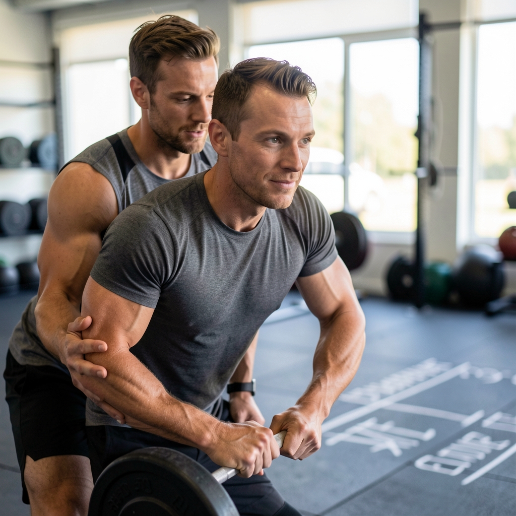 Personal trainer coaching an athlete through a deadlift movement in a Brussels training studio, coach standing close with hands positioned for form feedback, clean gym floor with chalk marks