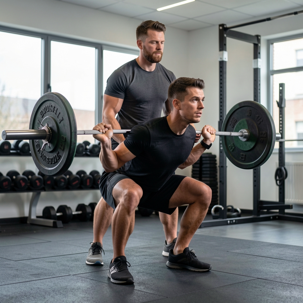 Athlete performing a barbell back squat with proper form under controlled studio lighting, spotter standing behind, weight plates clearly visible on loaded barbell, Brussels training studio setting