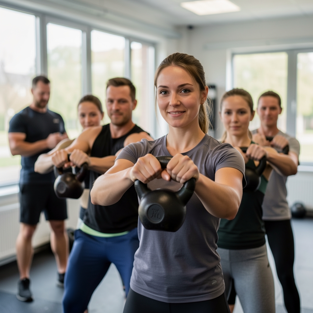 Small group of four people performing synchronised kettlebell swings in a spacious Brussels training studio, coach observing from the side, large windows visible in background