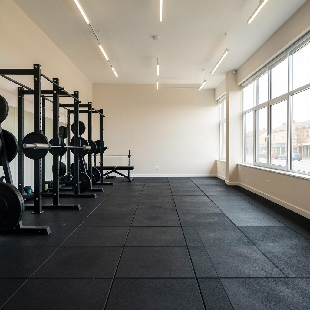 Wide-angle interior view of the Ralev training studio in Brussels Saint-Gilles, showing open floor space with rubber matting, rack and barbell equipment on left, large windows on right wall letting in natural daylight
