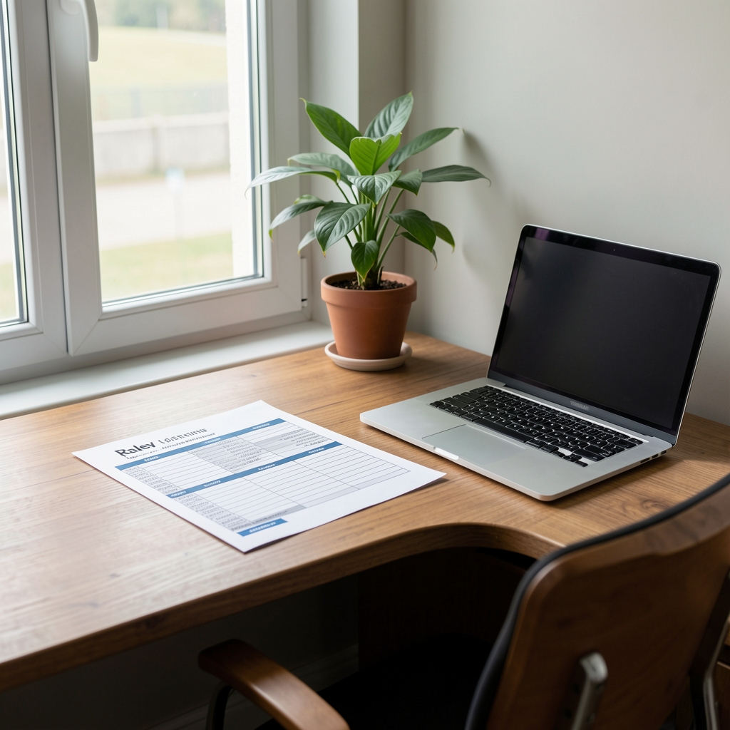 Corner of the Ralev coaching area showing a wooden desk, printed training schedule documents, a laptop, and a potted plant on a windowsill, natural light, neat and focused workspace